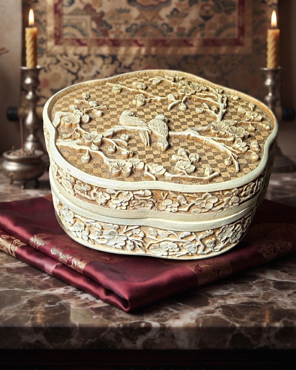 Vintage 1982 Arnart "Ivory Dynasty" Carved Trinket Box – Cherry Blossom & Birds